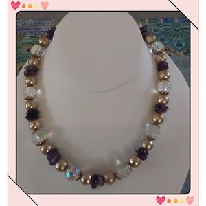 Gorgeous Vintage Faceted Crystal Bead~Genuine Amethyst Gems~Gold Bead Necklace